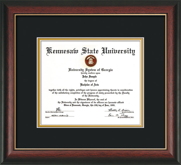 Image of Kennesaw State University Diploma Frame - Rosewood with Gold Lip - w/No Embossing - Black on Gold mat