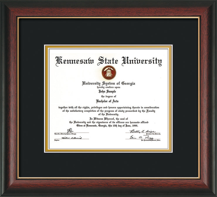 Image of Kennesaw State University Diploma Frame - Rosewood with Gold Lip - w/No Embossing - Black on Gold mat