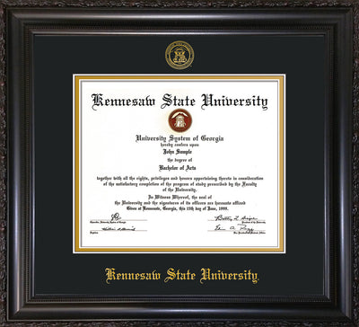 Image of Kennesaw State University Diploma Frame - Vintage Black Scoop - w/Embossed KSU Seal & Name - Black on Gold mats