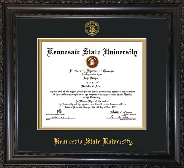 Image of Kennesaw State University Diploma Frame - Vintage Black Scoop - w/Embossed KSU Seal & Name - Black on Gold mats