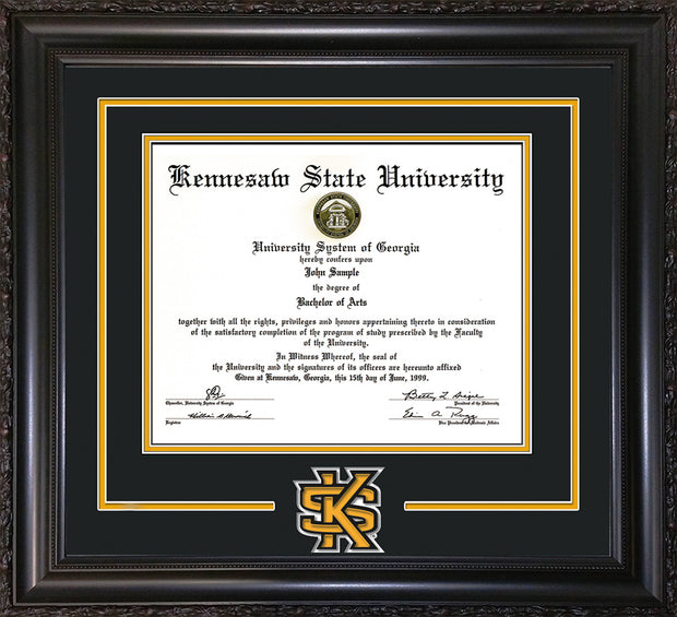 Image of Kennesaw State University Diploma Frame - Vintage Black Scoop - 3D Laser KS Logo Cutout - Black on Golden Yellow mat