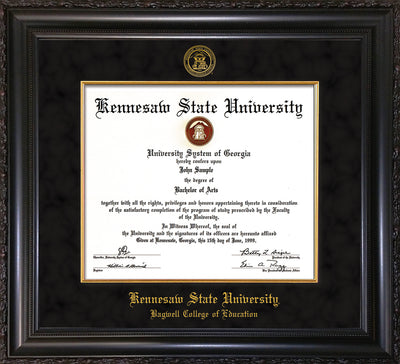 Image of Kennesaw State University Diploma Frame - Bagwell College of Education - Vintage Black Scoop - with KSU Seal - and BCE Education Name - with Gold Fillet - Black Suede mat