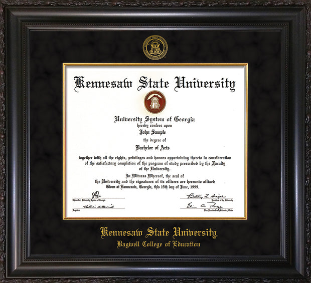 Image of Kennesaw State University Diploma Frame - Bagwell College of Education - Vintage Black Scoop - with KSU Seal - and BCE Education Name - with Gold Fillet - Black Suede mat