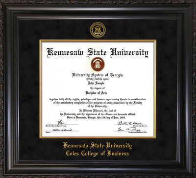 Image of Kennesaw State University Diploma Frame - Coles College of Business - Vintage Black Scoop - with KSU Seal - and CCB Business Name - with Gold Fillet - Black Suede mat