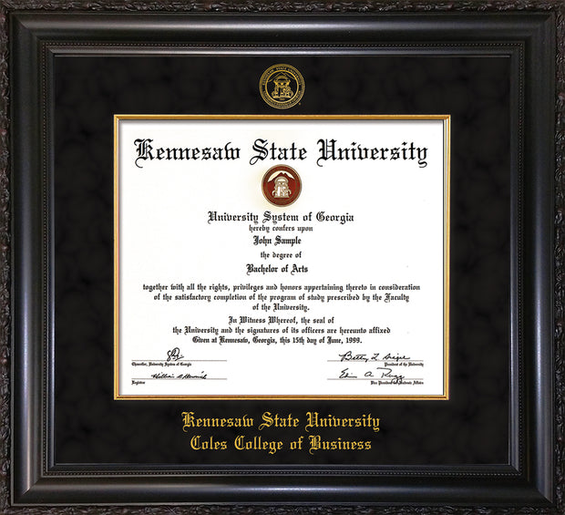 Image of Kennesaw State University Diploma Frame - Coles College of Business - Vintage Black Scoop - with KSU Seal - and CCB Business Name - with Gold Fillet - Black Suede mat