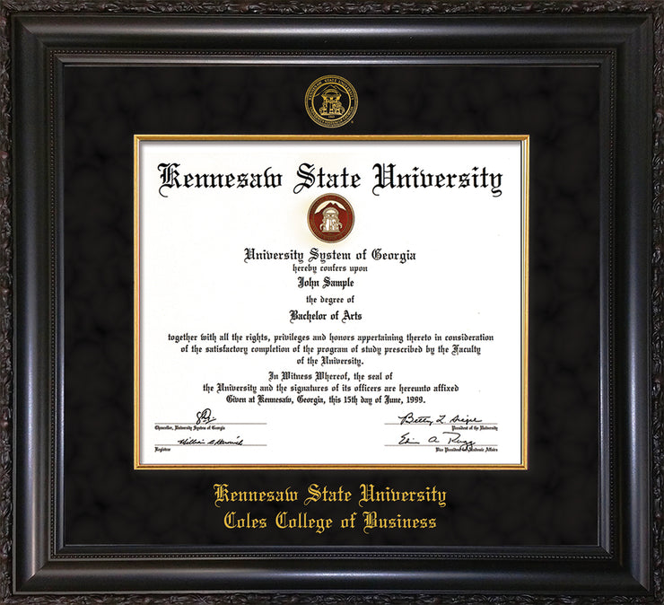 Image of Kennesaw State University Diploma Frame - Coles College of Business - Vintage Black Scoop - with KSU Seal - and CCB Business Name - with Gold Fillet - Black Suede mat