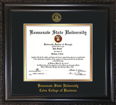 Image of Kennesaw State University Diploma Frame - Coles College of Business - Vintage Black Scoop - with KSU Seal - and Coles embossing - Black on Gold mat