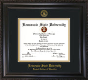 Image of Kennesaw State University Diploma Frame - Bagwell College of Education - Vintage Black Scoop - with KSU Seal - and BCE Education Name - Black on Gold mat