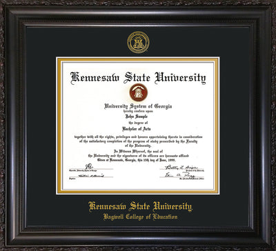 Image of Kennesaw State University Diploma Frame - Bagwell College of Education - Vintage Black Scoop - with KSU Seal - and BCE Education Name - Black on Gold mat