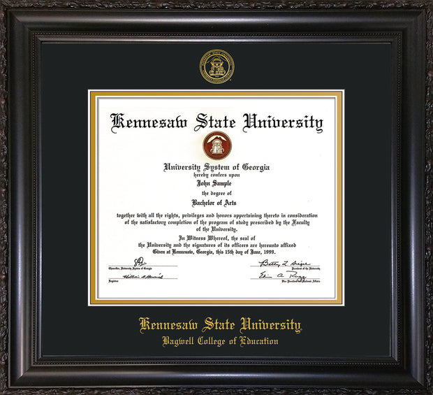 Image of Kennesaw State University Diploma Frame - Bagwell College of Education - Vintage Black Scoop - with KSU Seal - and BCE Education Name - Black on Gold mat
