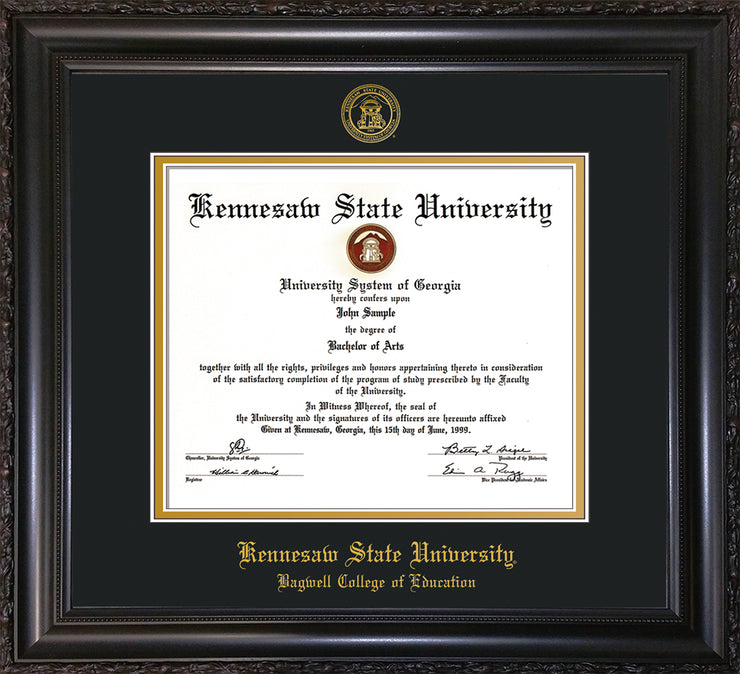 Image of Kennesaw State University Diploma Frame - Bagwell College of Education - Vintage Black Scoop - with KSU Seal - and BCE Education Name - Black on Gold mat