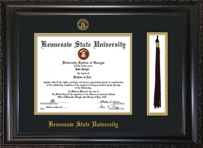 Image of Kennesaw State University Diploma Frame - Vintage Black Scoop - w/KSU Embossed Seal & School Name - Tassel Holder - Black on Gold mat