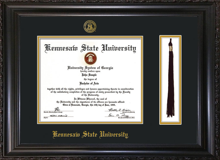 Image of Kennesaw State University Diploma Frame - Vintage Black Scoop - w/KSU Embossed Seal & School Name - Tassel Holder - Black on Gold mat