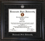 Image of Kennesaw State University Diploma Frame - Vintage Black Scoop - w/Silver-Plated Medallion & Fillet - w/KSU Name Embossing - Black Suede mat