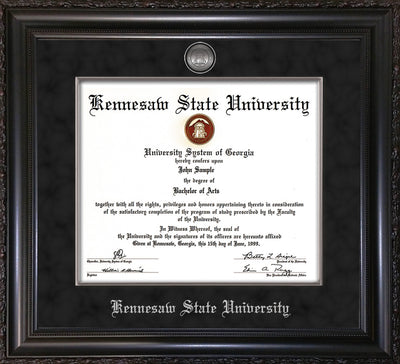 Image of Kennesaw State University Diploma Frame - Vintage Black Scoop - w/Silver-Plated Medallion & Fillet - w/KSU Name Embossing - Black Suede mat