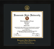 Image of Kennesaw State University Diploma Frame - Southern Polytechnic College of Engineering - Flat Matte Black - with KSU Seal - and SPC Engineering Name - Black on Gold mat