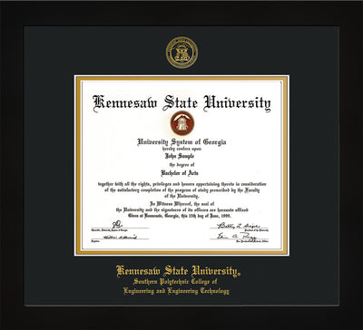 Image of Kennesaw State University Diploma Frame - Southern Polytechnic College of Engineering - Flat Matte Black - with KSU Seal - and SPC Engineering Name - Black on Gold mat