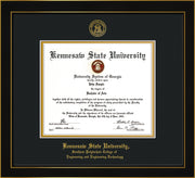 Image of Kennesaw State University Diploma Frame - Southern Polytechnic College of Engineering - Honors Black Satin - with KSU Seal - and SPC Engineering Name - Black on Gold mat