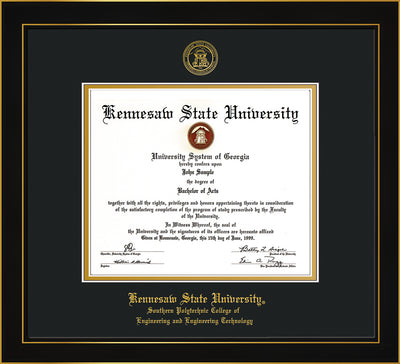 Image of Kennesaw State University Diploma Frame - Southern Polytechnic College of Engineering - Honors Black Satin - with KSU Seal - and SPC Engineering Name - Black on Gold mat