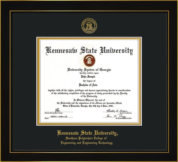 Image of Kennesaw State University Diploma Frame - Southern Polytechnic College of Engineering - Honors Black Satin - with KSU Seal - and SPC Engineering Name - Black on Gold mat