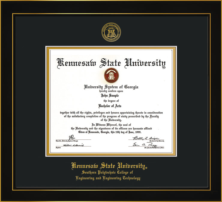 Image of Kennesaw State University Diploma Frame - Southern Polytechnic College of Engineering - Honors Black Satin - with KSU Seal - and SPC Engineering Name - Black on Gold mat