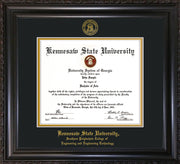 Image of Kennesaw State University Diploma Frame - Southern Polytechnic College of Engineering - Vintage Black Scoop - with KSU Seal - and SPC Engineering Name - Black on Gold mat
