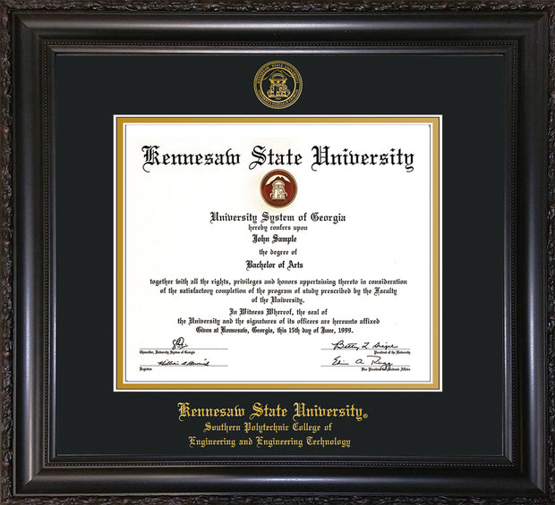 Image of Kennesaw State University Diploma Frame - Southern Polytechnic College of Engineering - Vintage Black Scoop - with KSU Seal - and SPC Engineering Name - Black on Gold mat