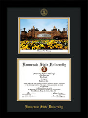 Image of Kennesaw State University Diploma Frame - Flat Matte Black - with KSU Seal - Campus Watercolor - Black on Gold mat