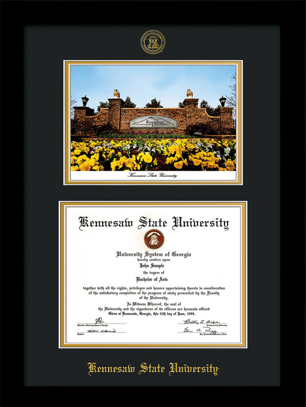 Image of Kennesaw State University Diploma Frame - Flat Matte Black - with KSU Seal - Campus Watercolor - Black on Gold mat