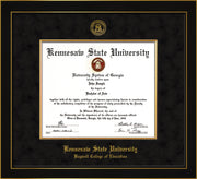 Image of Kennesaw State University Diploma Frame - Bagwell College of Education - Honors Black Satin - with KSU Seal - and BCE Education Name - with Gold Fillet - Black Suede mat