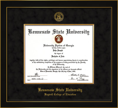 Image of Kennesaw State University Diploma Frame - Bagwell College of Education - Honors Black Satin - with KSU Seal - and BCE Education Name - with Gold Fillet - Black Suede mat