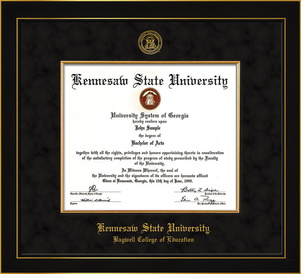 Image of Kennesaw State University Diploma Frame - Bagwell College of Education - Honors Black Satin - with KSU Seal - and BCE Education Name - with Gold Fillet - Black Suede mat