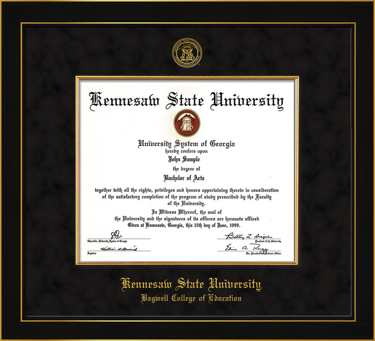 Image of Kennesaw State University Diploma Frame - Bagwell College of Education - Honors Black Satin - with KSU Seal - and BCE Education Name - with Gold Fillet - Black Suede mat