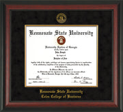 Image of Kennesaw State University Diploma Frame - Coles College of Business - Rosewood with Gold Lip - with KSU Seal - and CCB Business Name - with Gold Fillet - Black Suede mat