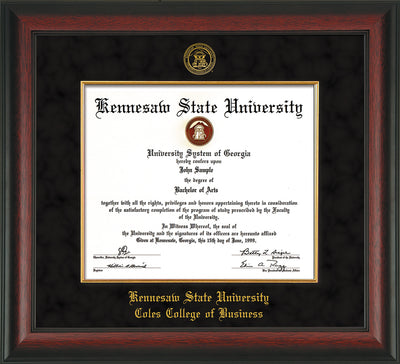 Image of Kennesaw State University Diploma Frame - Coles College of Business - Rosewood with Gold Lip - with KSU Seal - and CCB Business Name - with Gold Fillet - Black Suede mat