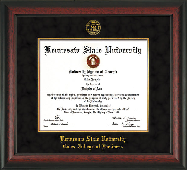 Image of Kennesaw State University Diploma Frame - Coles College of Business - Rosewood with Gold Lip - with KSU Seal - and CCB Business Name - with Gold Fillet - Black Suede mat