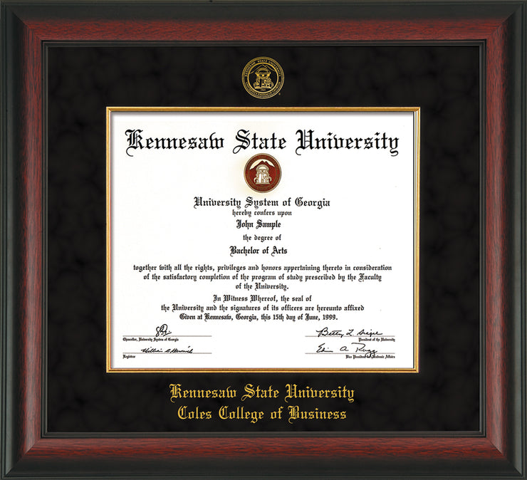 Image of Kennesaw State University Diploma Frame - Coles College of Business - Rosewood with Gold Lip - with KSU Seal - and CCB Business Name - with Gold Fillet - Black Suede mat