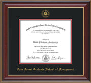 Image of Lake Forest Graduate School of Management Diploma Frame - Cherry Lacquer - w/Embossed LFGSM Seal & Name - Black on Crimson mat