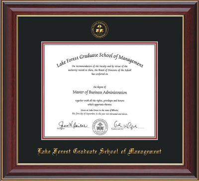 Image of Lake Forest Graduate School of Management Diploma Frame - Cherry Lacquer - w/Embossed LFGSM Seal & Name - Black on Crimson mat