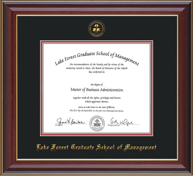 Image of Lake Forest Graduate School of Management Diploma Frame - Cherry Lacquer - w/Embossed LFGSM Seal & Name - Black on Crimson mat