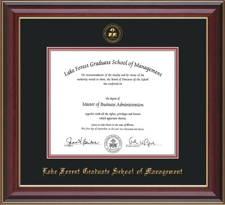 Image of Lake Forest Graduate School of Management Diploma Frame - Cherry Lacquer - w/Embossed LFGSM Seal & Name - Black on Crimson mat