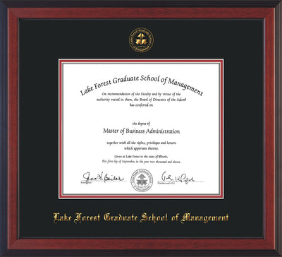 Image of Lake Forest Graduate School of Management Diploma Frame - Cherry Reverse - w/Embossed LFGSM Seal & Name - Black on Crimson mat