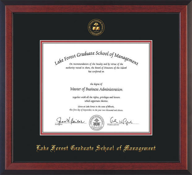 Image of Lake Forest Graduate School of Management Diploma Frame - Cherry Reverse - w/Embossed LFGSM Seal & Name - Black on Crimson mat