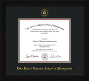Image of Lake Forest Graduate School of Management Diploma Frame - Flat Matte Black - w/Embossed LFGSM Seal & Name - Black on Crimson mat