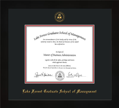 Image of Lake Forest Graduate School of Management Diploma Frame - Flat Matte Black - w/Embossed LFGSM Seal & Name - Black on Crimson mat