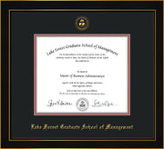 Image of Lake Forest Graduate School of Management Diploma Frame - Honors Black Satin - w/Embossed LFGSM Seal & Name - Black on Crimson mat