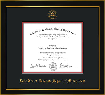 Image of Lake Forest Graduate School of Management Diploma Frame - Honors Black Satin - w/Embossed LFGSM Seal & Name - Black on Crimson mat