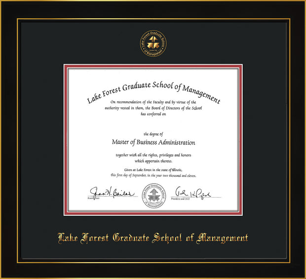 Image of Lake Forest Graduate School of Management Diploma Frame - Honors Black Satin - w/Embossed LFGSM Seal & Name - Black on Crimson mat