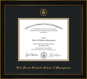 Image of Lake Forest Graduate School of Management Diploma Frame - Honors Black Satin - w/Embossed LFGSM Seal & Name - Black on Gold mat