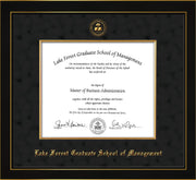 Image of Lake Forest Graduate School of Management Diploma Frame - Honors Black Satin - w/Embossed LFGSM Seal & Name - Fillet - Black Suede mat